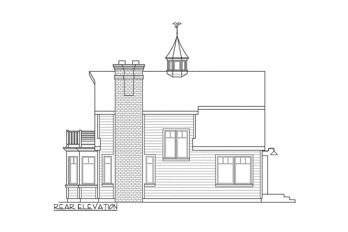 Rear elevation drawing of a house plan featuring a brick chimney, cupola, and porch.