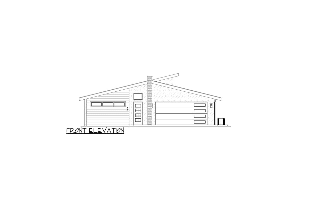 Front elevation house plan showing a modern home with a low-slope asymmetric roof, horizontal siding, a brick chimney, and a four-panel garage door.