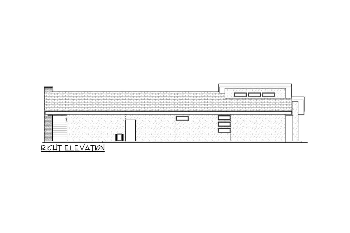 Right elevation drawing of a house plan showing a single story with a sloped roof, multiple windows, and a brick exterior.