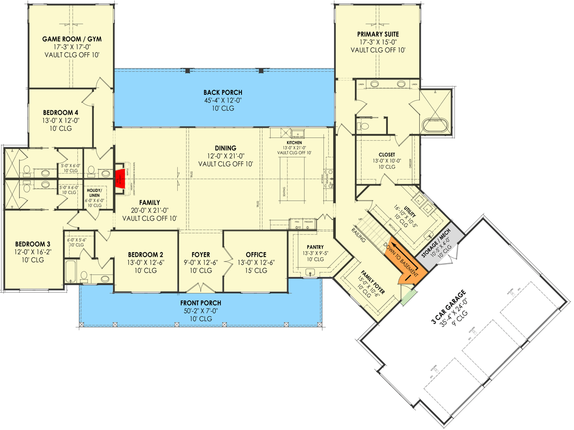 Plan 818097JSS: Modern Farmhouse Plan with 3-Car Angled Garage - 3817 Sq Ft - Floor Plan - Basement Stair Location - Country, Farmhouse, Modern Farmhouse, New American
