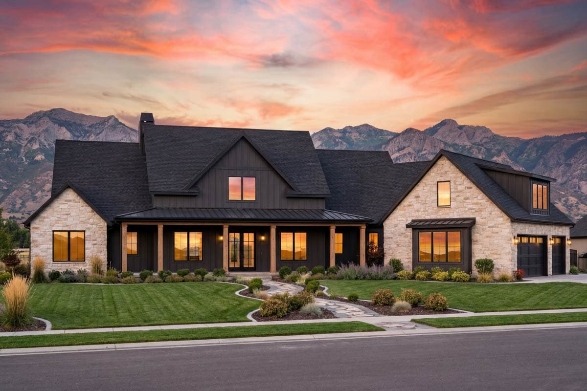 Modern Farmhouse two-story house plan exterior with stone accents, a covered porch, gables, and a three-car garage.