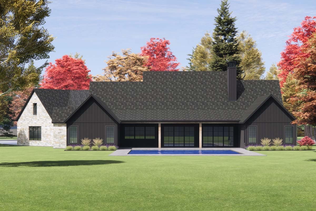 House plan exterior: One-story Modern Farmhouse with stone and board-and-batten siding, gables, and covered rear patio.