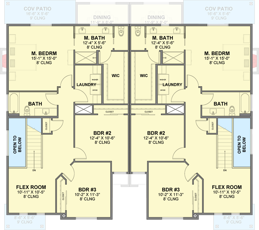 Plan 246027DLR: Duplex House Plan with 30-Foot-Wide 3 Bed Units - 1962 Sq Ft Each - Floor Plan - 2nd Floor - Contemporary, New American, Transitional