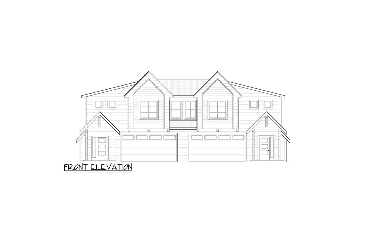 Front elevation drawing of a two-story duplex with gabled dormers, covered entryways, and two garage doors.