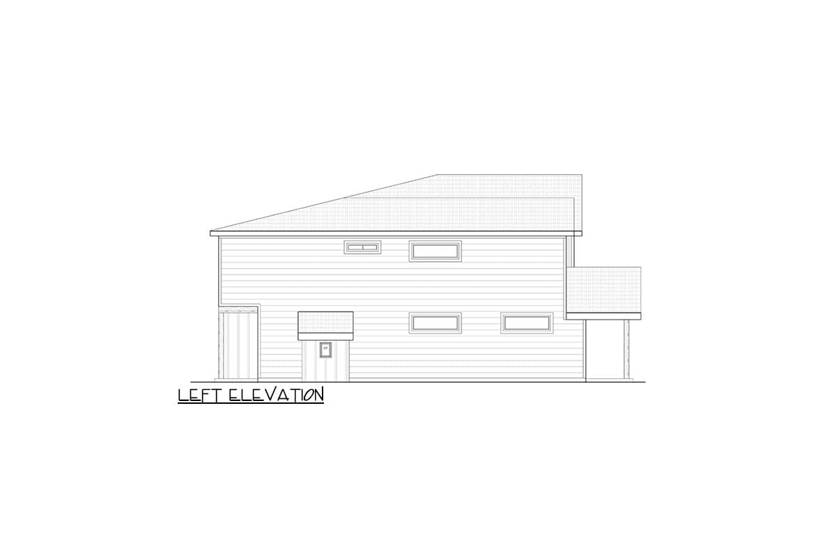 Left elevation drawing of a two-story house plan, featuring horizontal siding, multiple windows, and a deck.