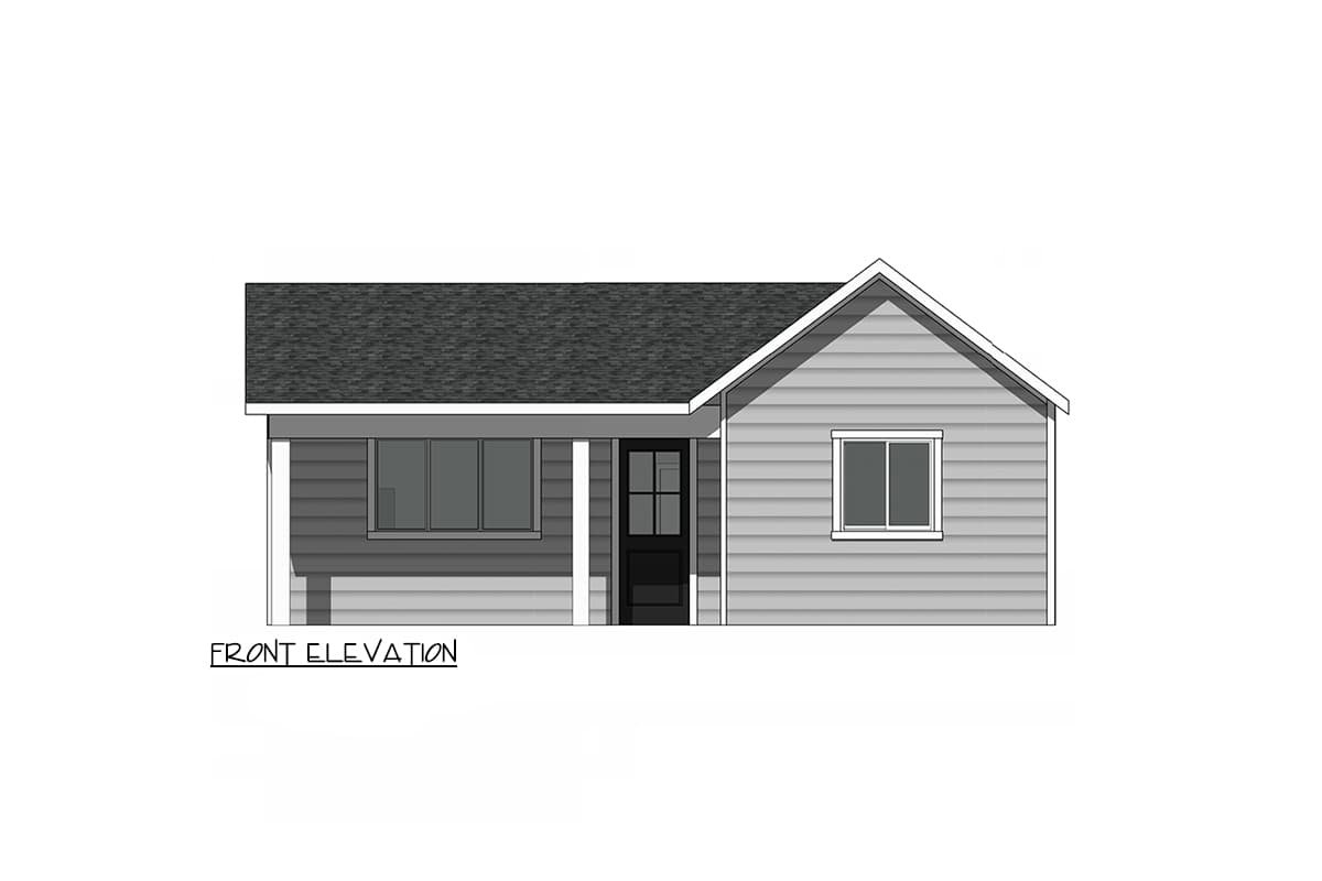 Front elevation house plan with siding, gabled roof, porch, and two windows.