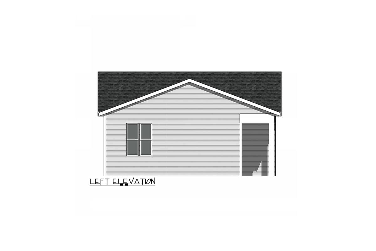 Left elevation of a house plan with vinyl siding, a gable roof, one window, and an attached garage.