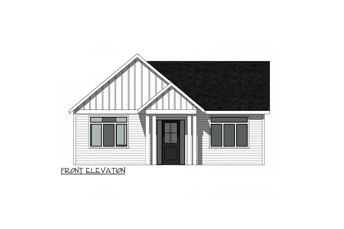 Front elevation house plan with a gable roof, vertical siding on gable, horizontal siding on walls, and a covered entry.