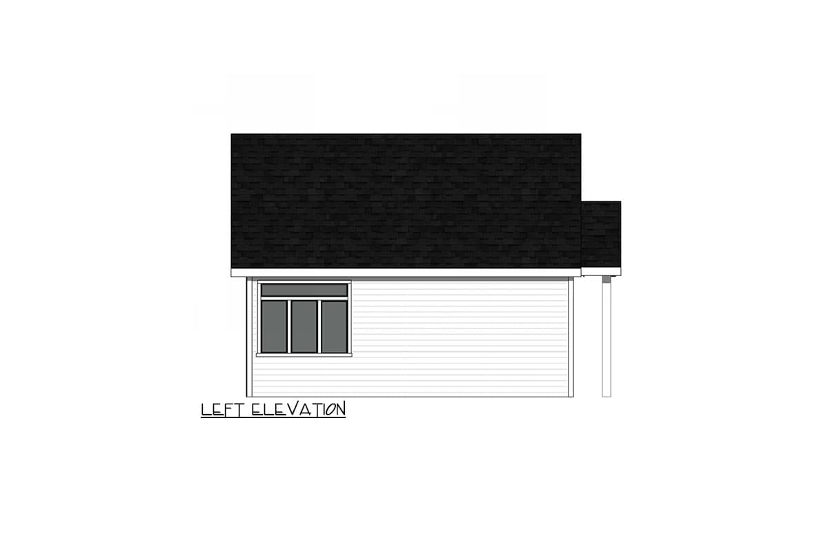 Left elevation of a house plan showing horizontal siding, a large window, and a sloped roof.