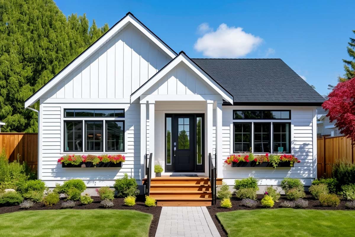 House plan exterior featuring a Craftsman style with a gabled roof, a front porch, and black-framed windows.