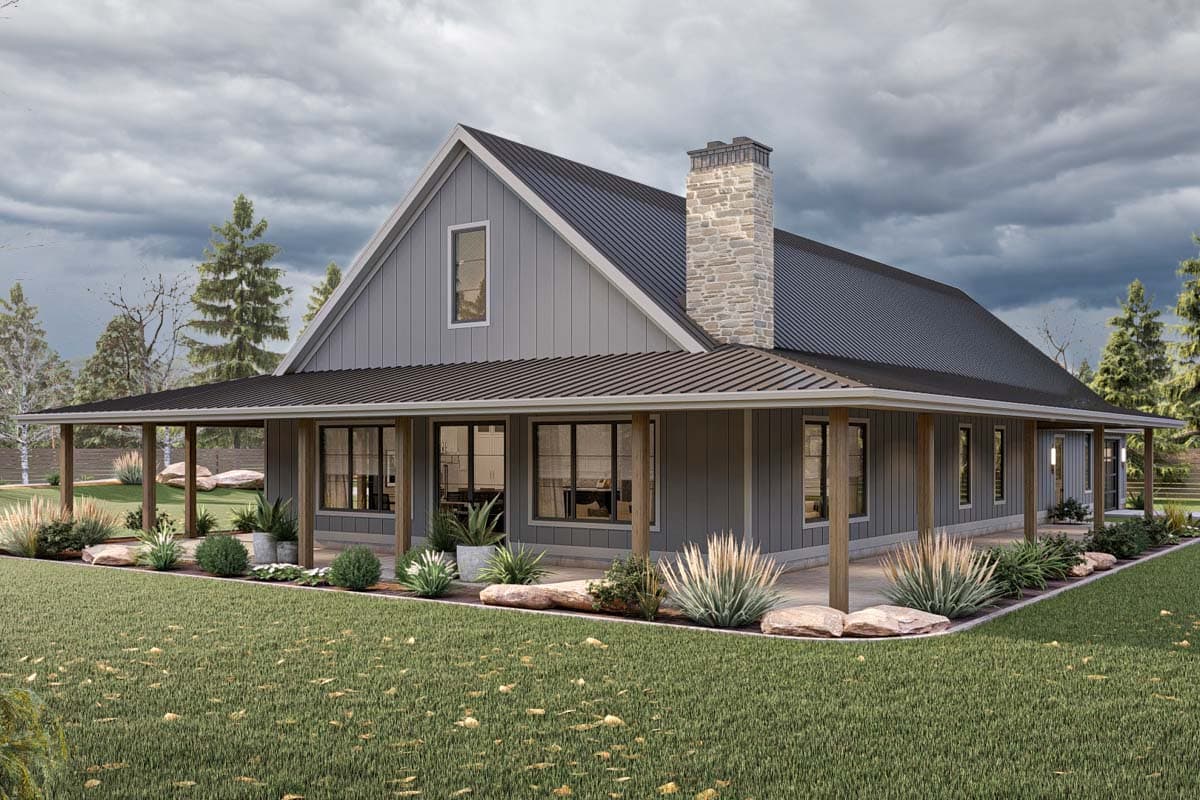 House plan exterior. Modern Farmhouse style with a single story, long covered porch, stone chimney, and gable roofline.