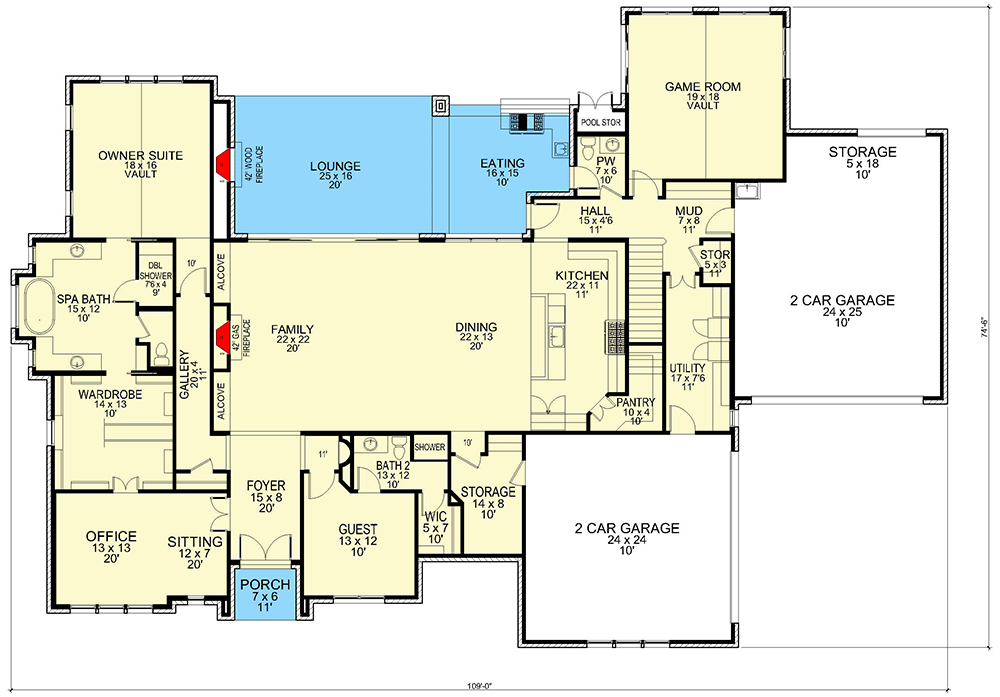 Plan 36695TX: Luxury Hill Country House Plan with 2-Story Family and Dining Rooms - 4575 Sq Ft - Floor Plan - Main Level - European, Hill Country, Transitional