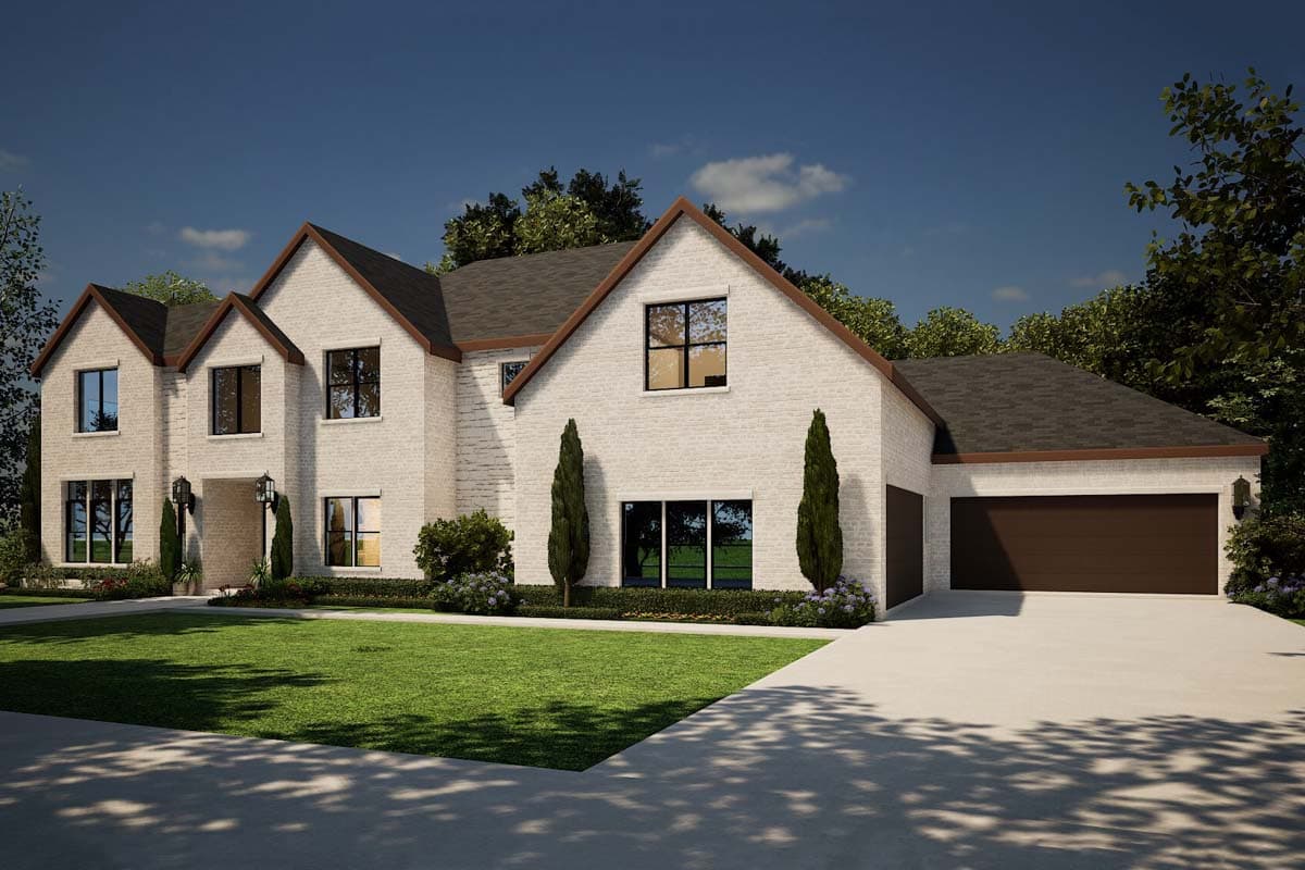 House plan exterior: Two-story brick home with gabled dormers, multiple gables, and attached two-car garage.