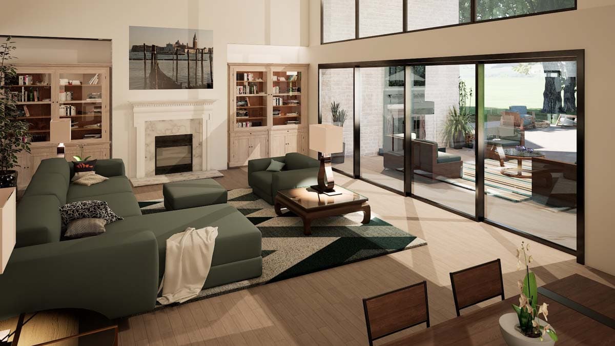 Interior rendering of a great room with a sectional sofa, fireplace, built-in bookshelves, and large glass doors opening to an outdoor patio.