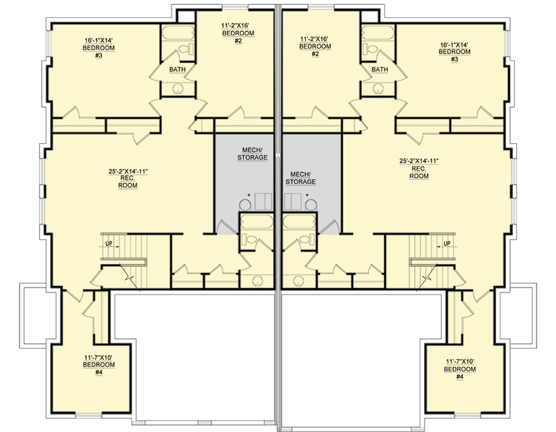 Plan 849028PGE: Duplex House Plan with 4 Bed Units with Finished Lower Levels - 3332 Sq Ft Each - Floor Plan - Lower Level - New American, Traditional