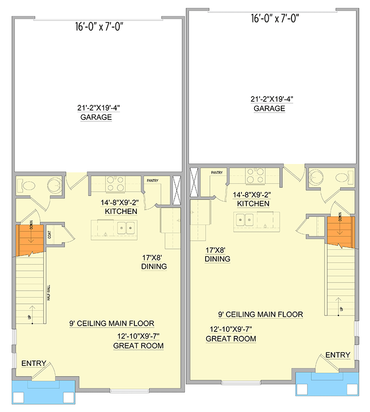 Plan 849030PGE: Contemporary Duplex House Plan with 3-Bed Units and Rear-Entry Garages - 1501 Sq Ft Ea - Floor Plan - Main Level - Contemporary, New American, Transitional
