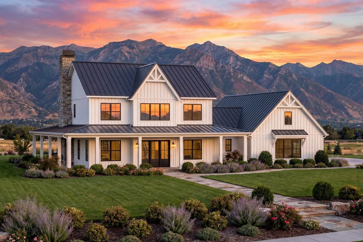 Modern farmhouse style house plan exterior with a wraparound porch, dark metal roof, and stone chimney.