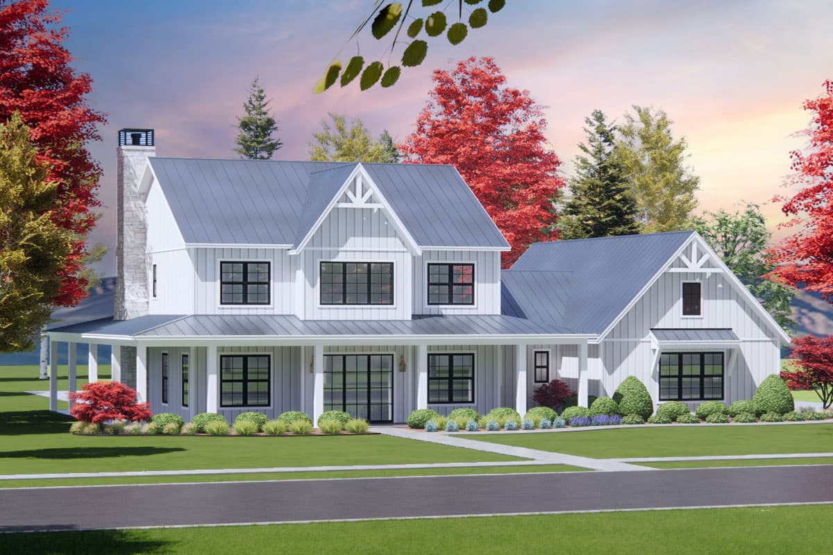 Modern Farmhouse house plan exterior with wraparound porch, metal roof, gable dormers, and stone chimney.