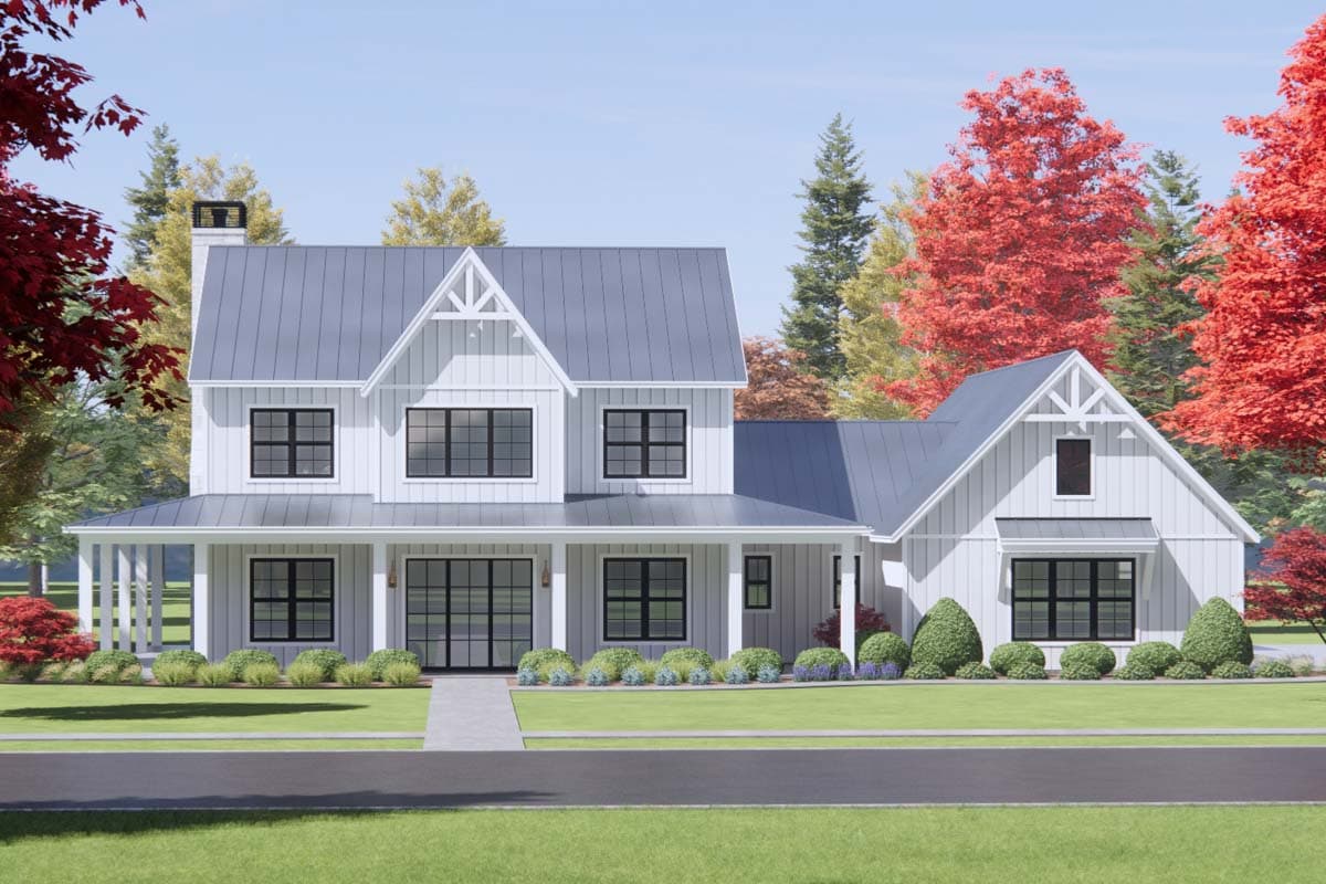 House plan exterior. Two-story Modern Farmhouse with a gabled roof, a front porch, and dormer windows. Features board and batten siding.