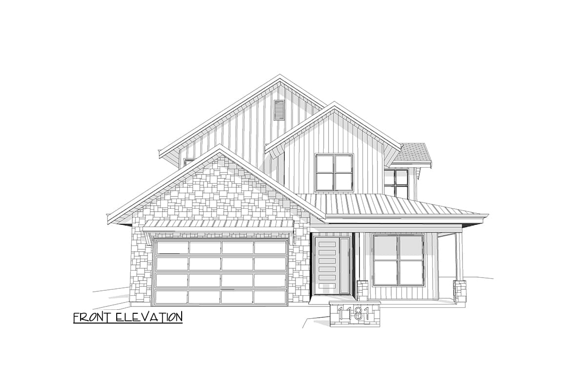 Front elevation of a two-story house plan with a stone-accented garage, board-and-batten siding, and a covered front porch.