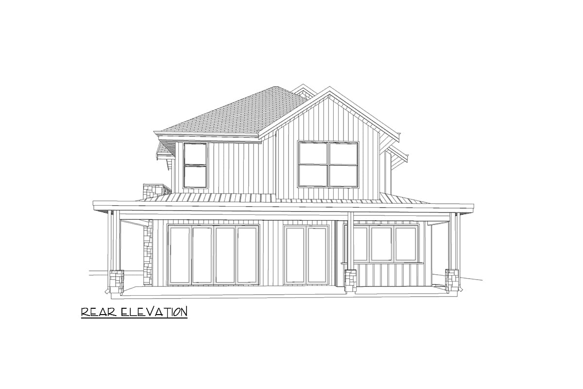 Rear elevation drawing of a two-story house with a gabled roof, wide porch, and vertical siding.