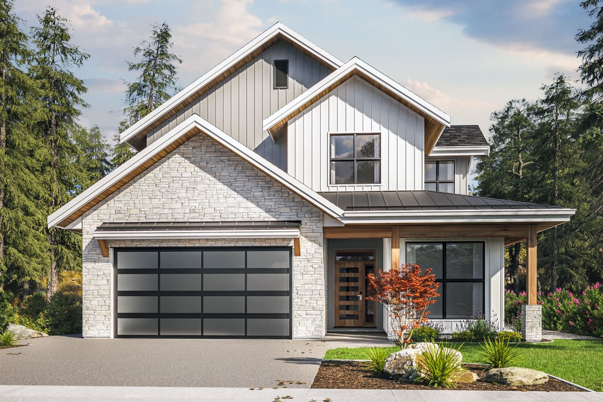 House plan exterior. Modern farmhouse style with two stories, gabled roof, stone veneer, and a covered front porch with exposed timber supports.