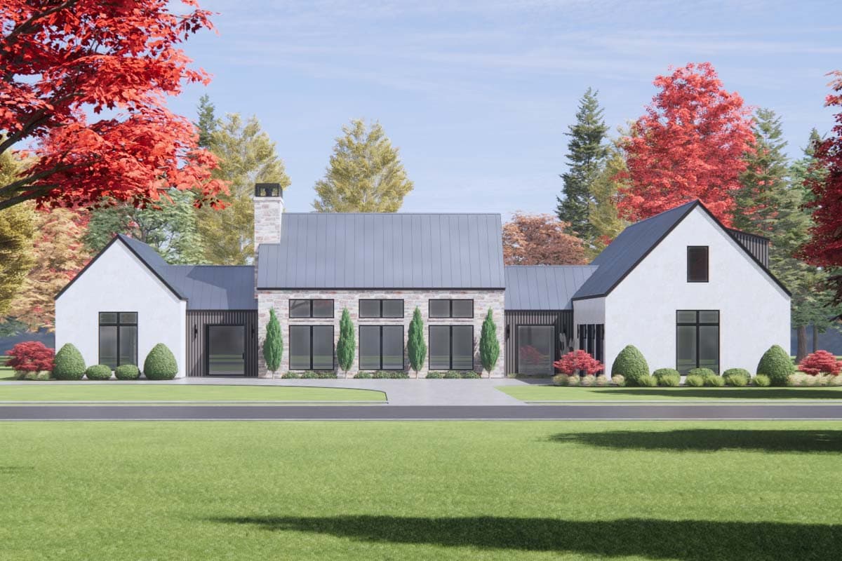 House plan exterior with modern farmhouse style. Features include gable roof, stone chimney, large windows, and contrasting black and white trim.
