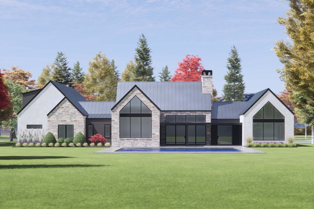 House plan exterior: Modern style with stone and stucco facade, metal roof, gabled dormers, and large glass openings.