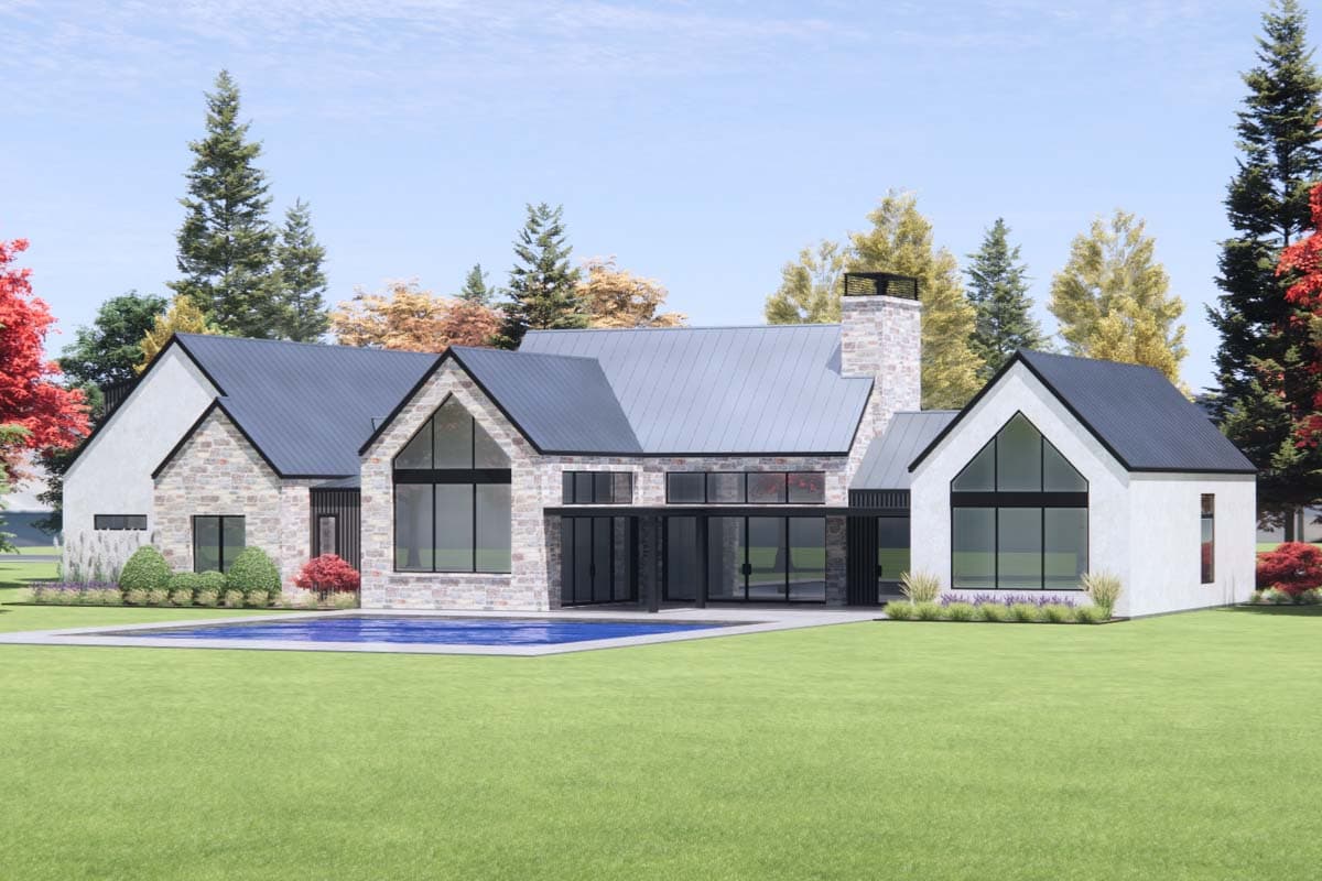 Modern house plan exterior with stone and stucco, gabled roofs, large windows, and attached garage.