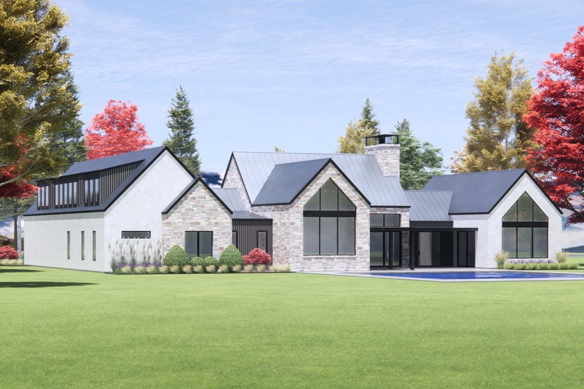 House plan exterior rendering, modern style with stone and stucco, metal roofs, gables, and large windows.