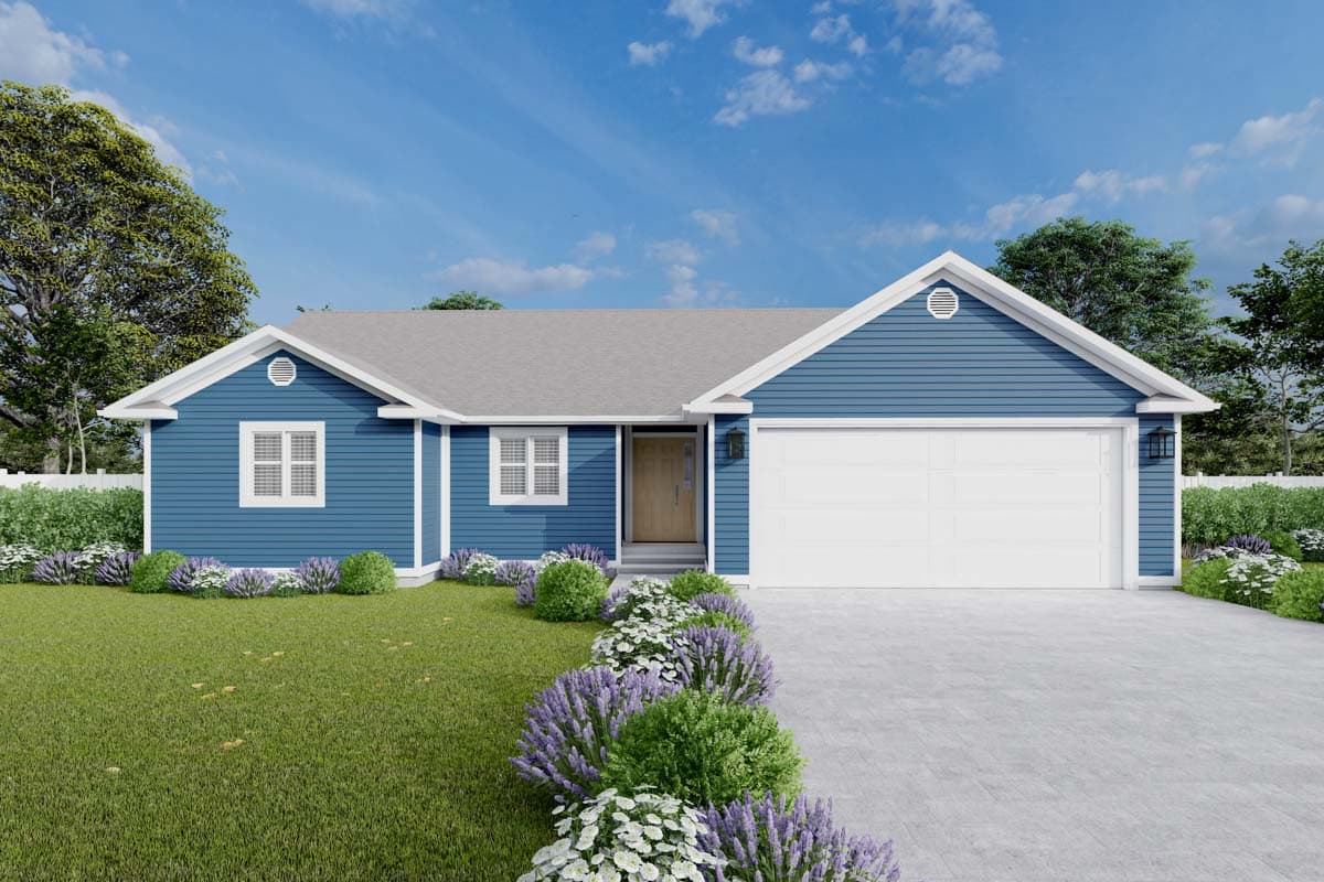 House plan exterior. Single-story Ranch-style home with gabled roof, two windows, and attached garage. Front entry is centered.