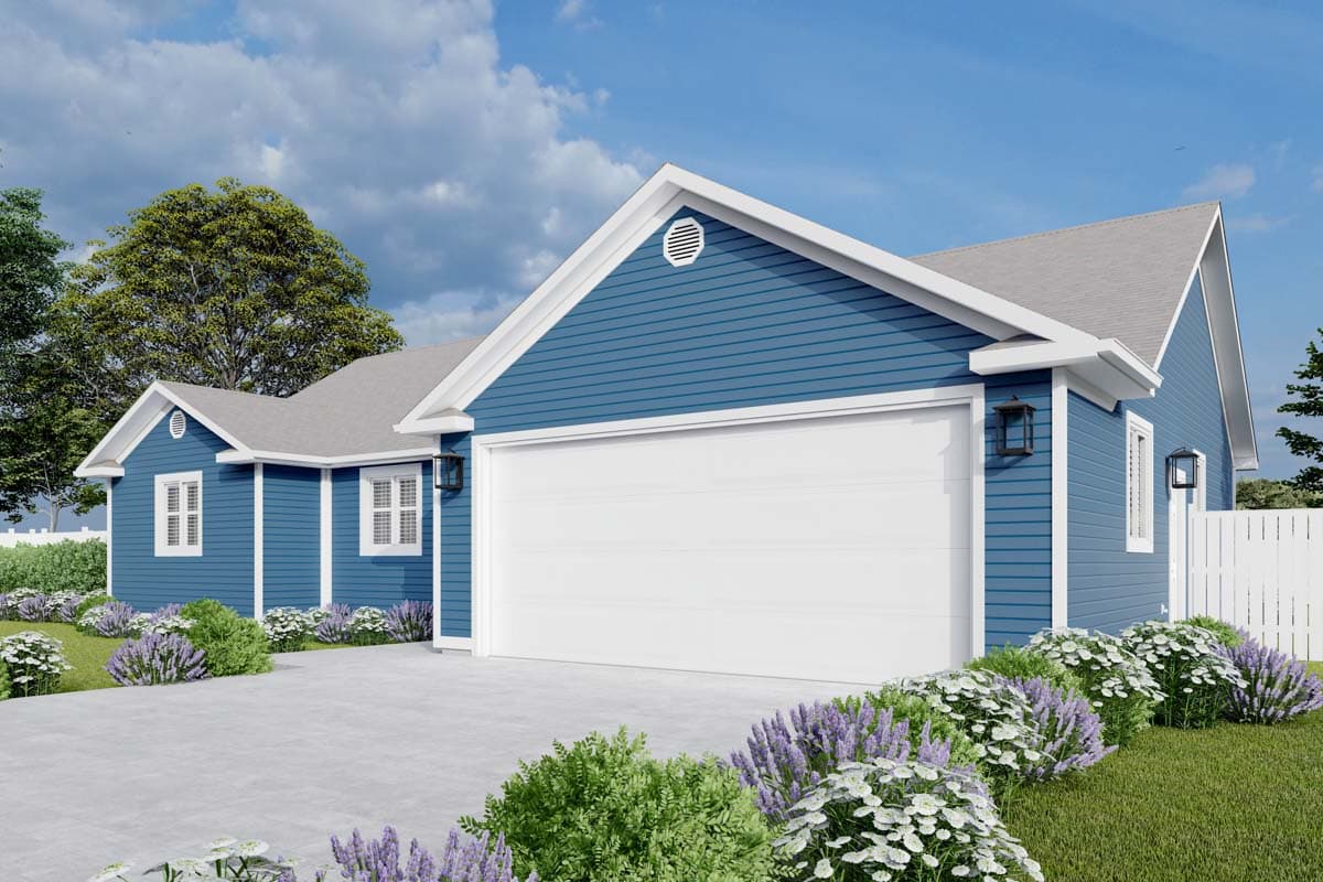 House plan exterior: Blue ranch with white trim, prominent garage door, gables, and pitched roof.