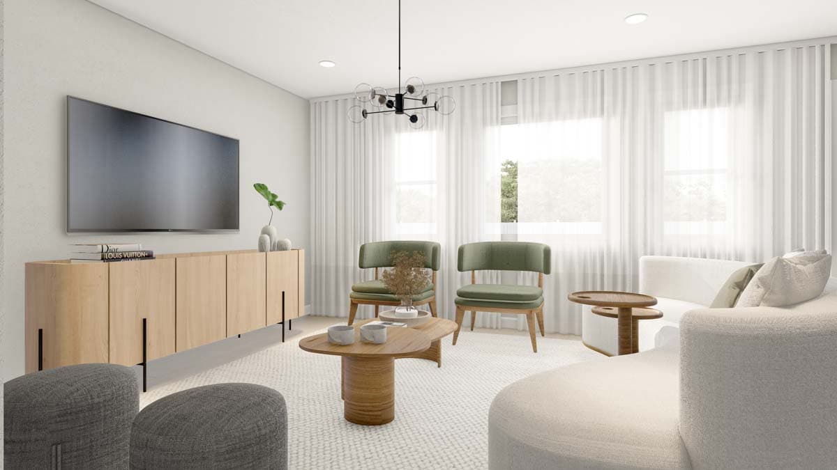 Living room interior rendering with wall-mounted TV, wood sideboard, two green accent chairs, and sectional sofa.