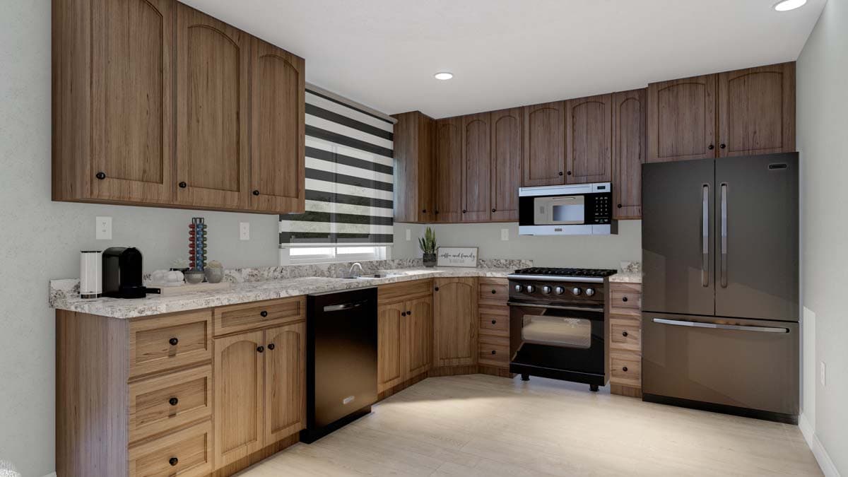 Kitchen with dark wood cabinets, stainless steel appliances, granite countertops, and a black dishwasher.