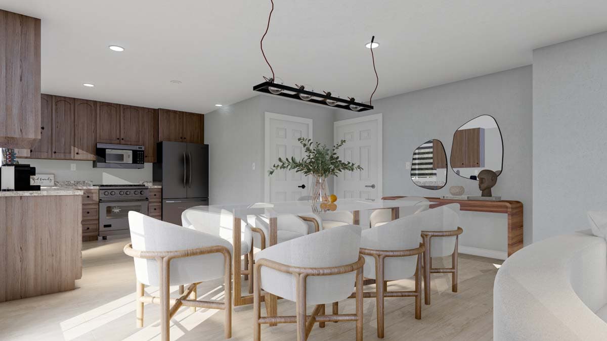 Interior rendering of dining area and kitchen. Features include wood cabinetry, island, dining table, and mirrored wall decor.