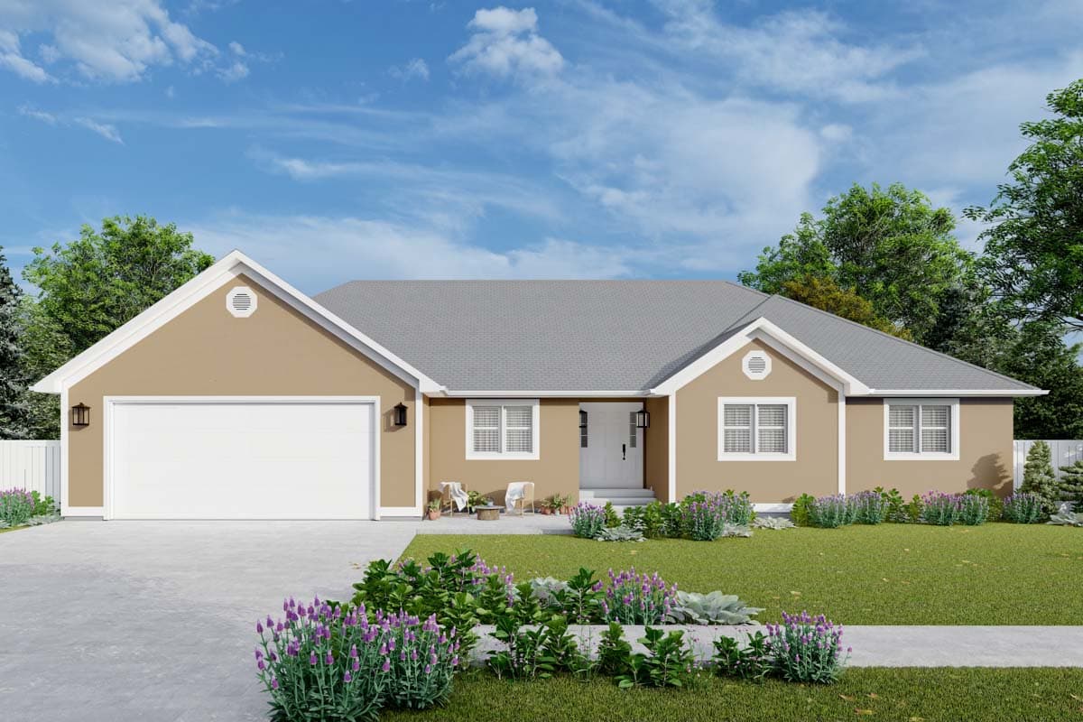 House plan exterior with Ranch style, single story, attached garage, gabled roof, and decorative vents.