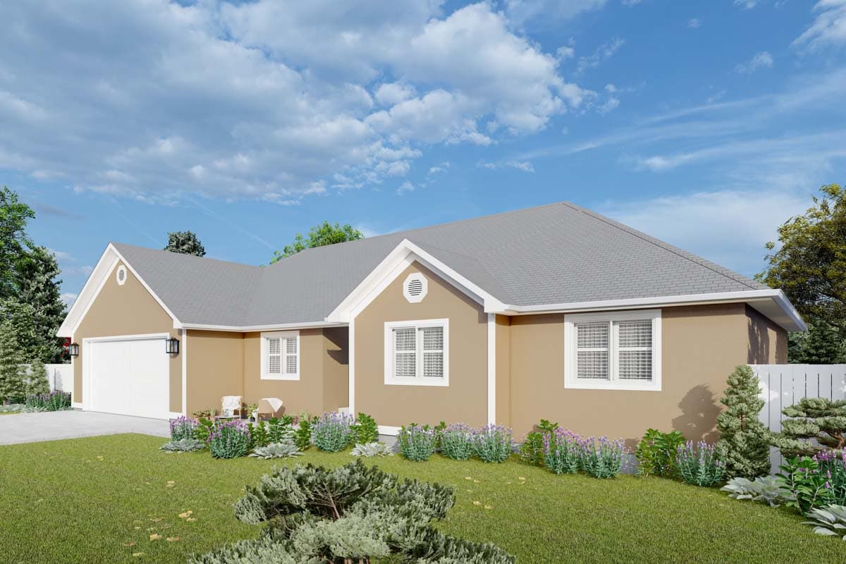 House plan exterior: Ranch style, single-story home with attached garage, gable accents, and white-trimmed windows.