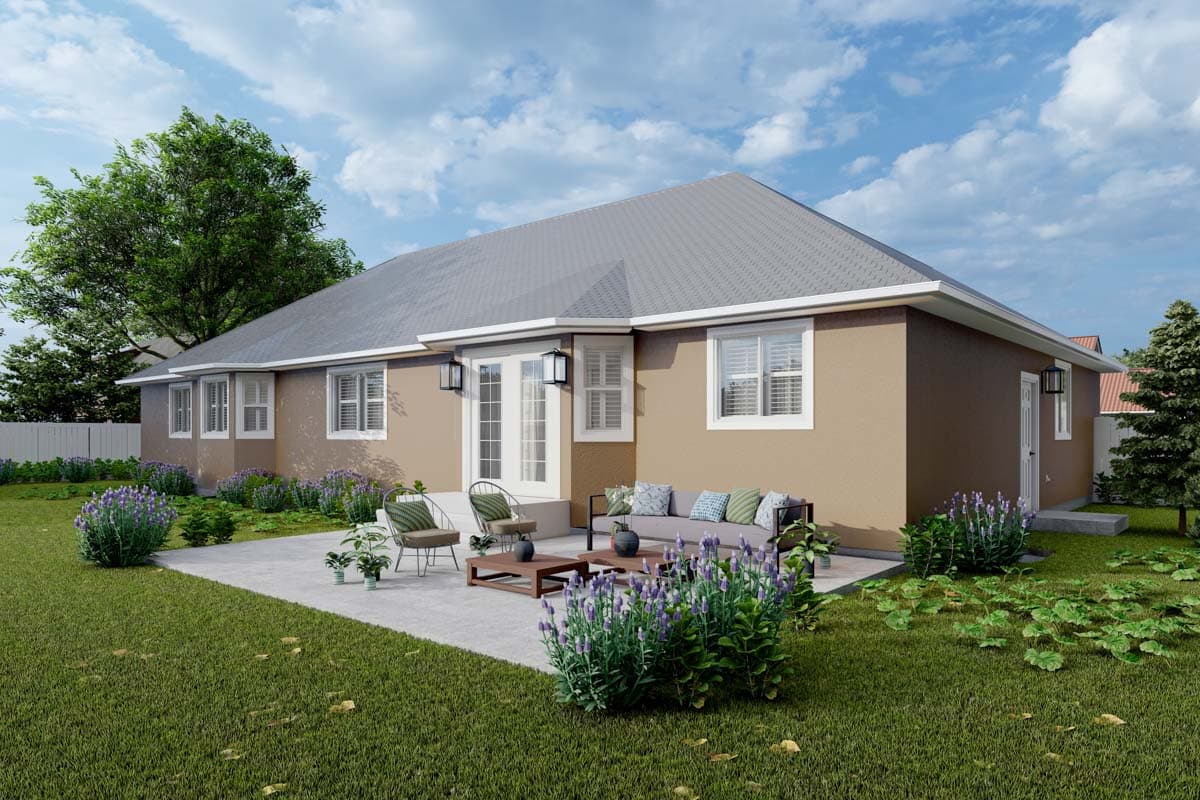 House plan exterior: A single-story ranch-style home with a gray hip roof, beige stucco, and a patio with outdoor seating.