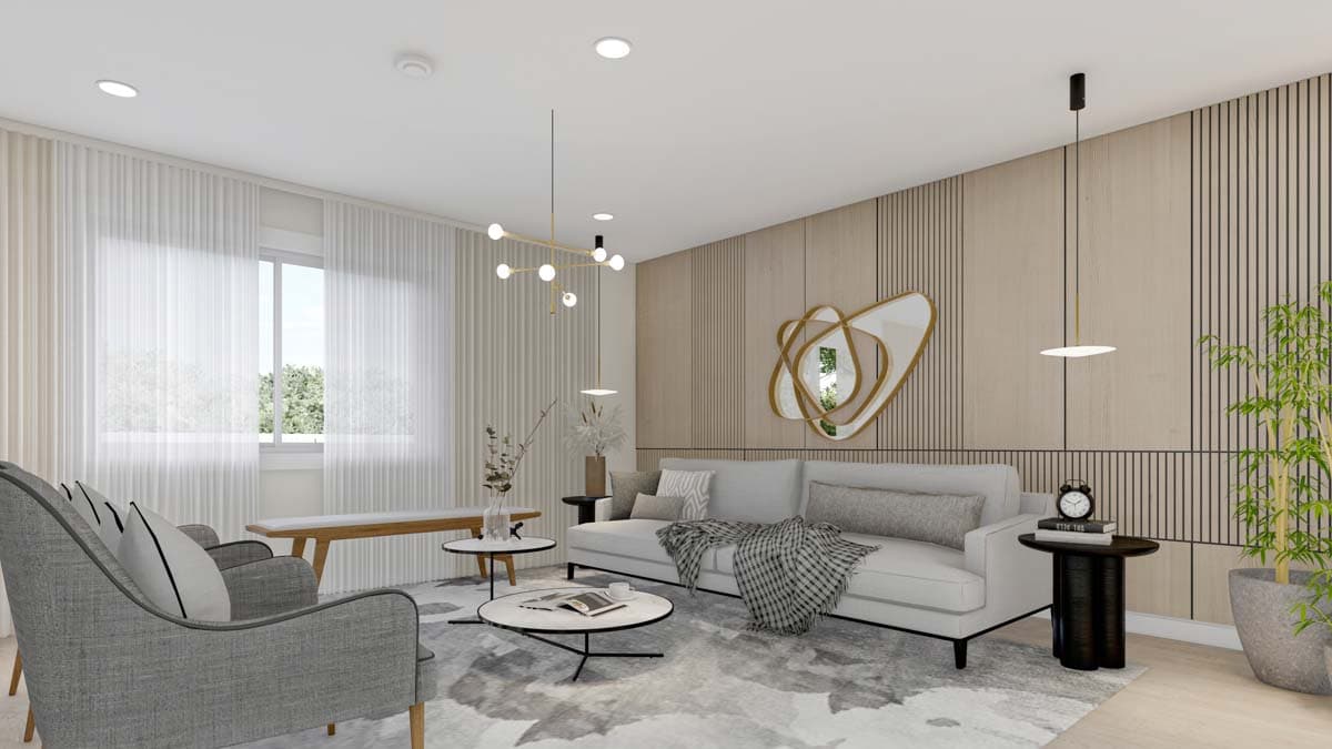 Living room with sectional sofa, patterned rug, wood-slatted wall, and large windows with sheer curtains.