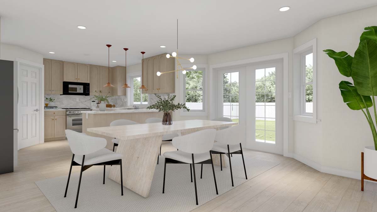 Rendering of an open-concept kitchen and dining area with light wood cabinets, a large island, and glass doors leading outdoors.