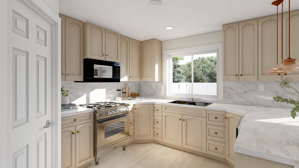 Kitchen house plan rendering with light wood cabinets, stainless steel range, marble backsplash, and double window.