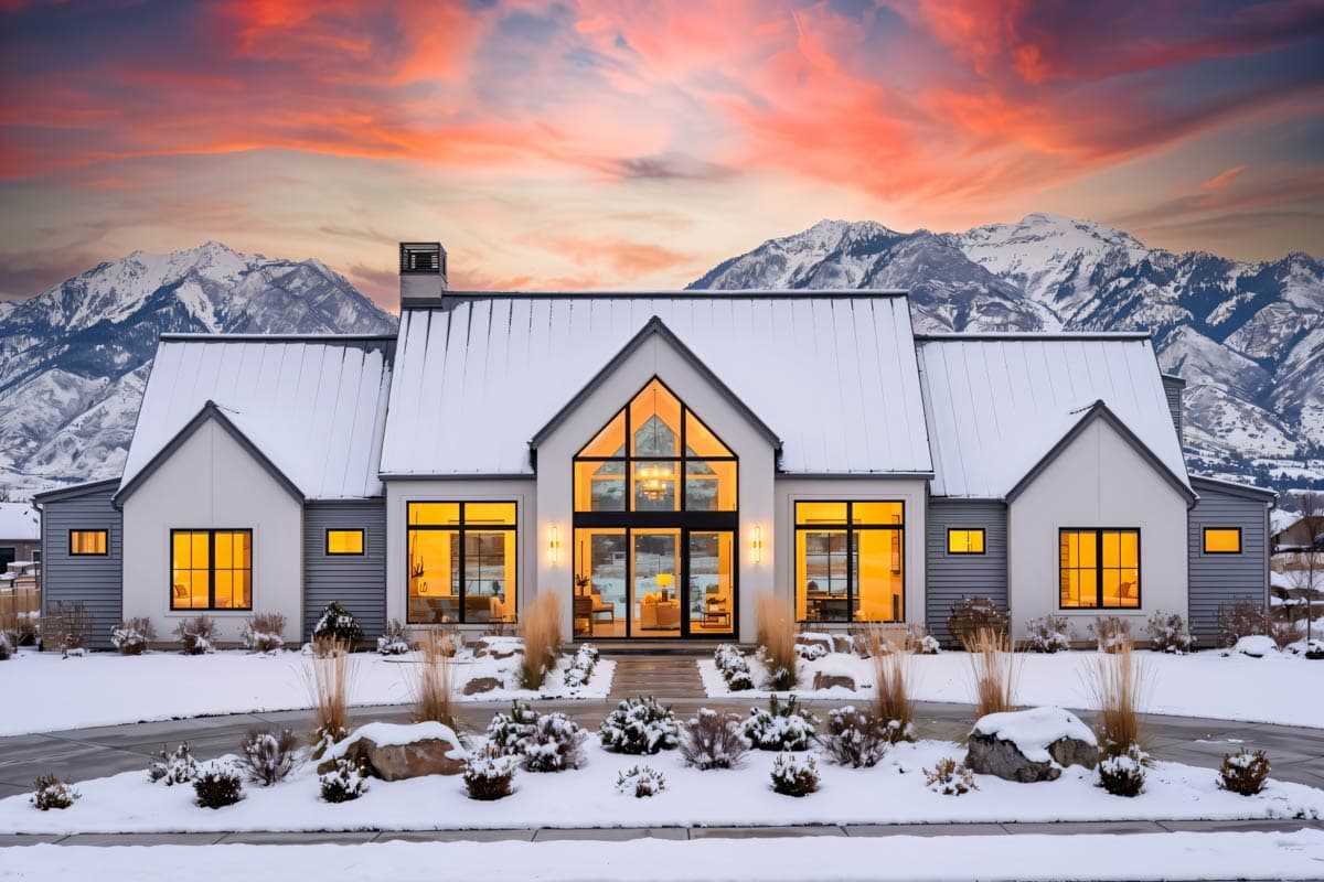 Modern house plan exterior with a steep gable roofline, large central window array, and two-story white gables. Snow-covered landscape.