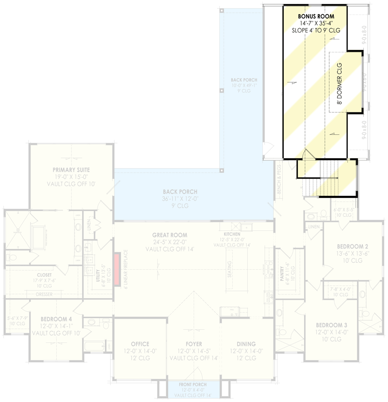 Plan 818100JSS: One-Story Scandinavian-Style House Plan with Bonus Room - 3637 Sq Ft - Floor Plan - Optionally Finished Bonus Level - Contemporary, European, Scandinavian, Transitional