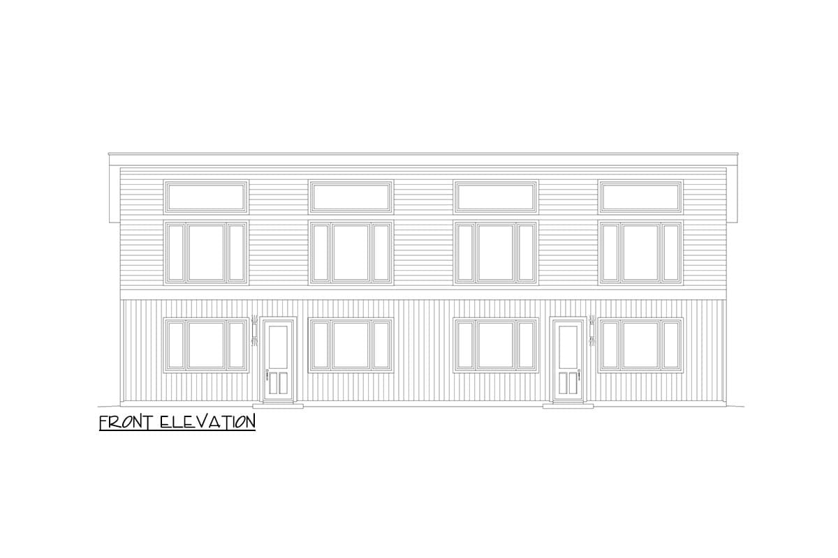 Front elevation drawing of a two-story house with horizontal siding, two doors, and multiple windows on each level.
