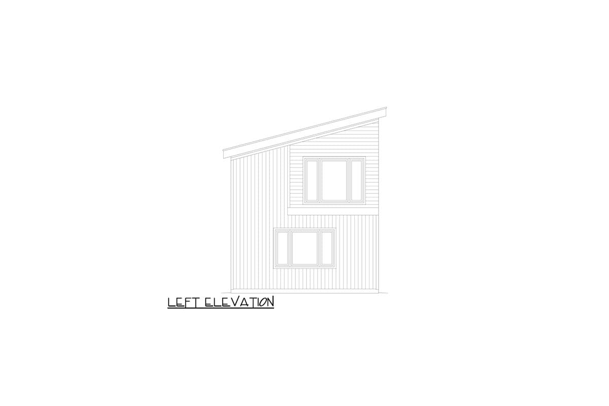 Left elevation drawing of a two-story house with a sloped roof and two windows on each level.