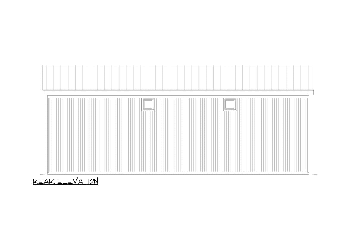 Rear elevation drawing of a house plan featuring vertical siding and two square windows.