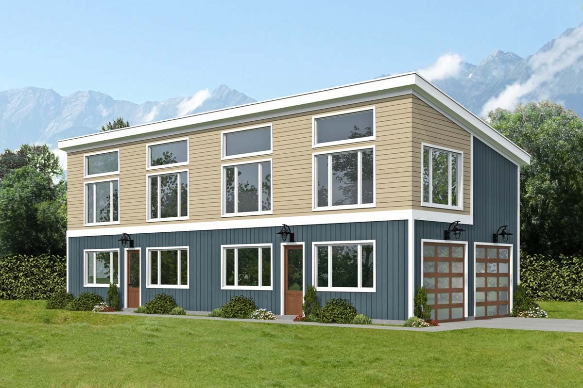 House plan exterior with two stories. Features include a flat roof, large windows, wood-paneled garage doors, and contrasting siding colors.