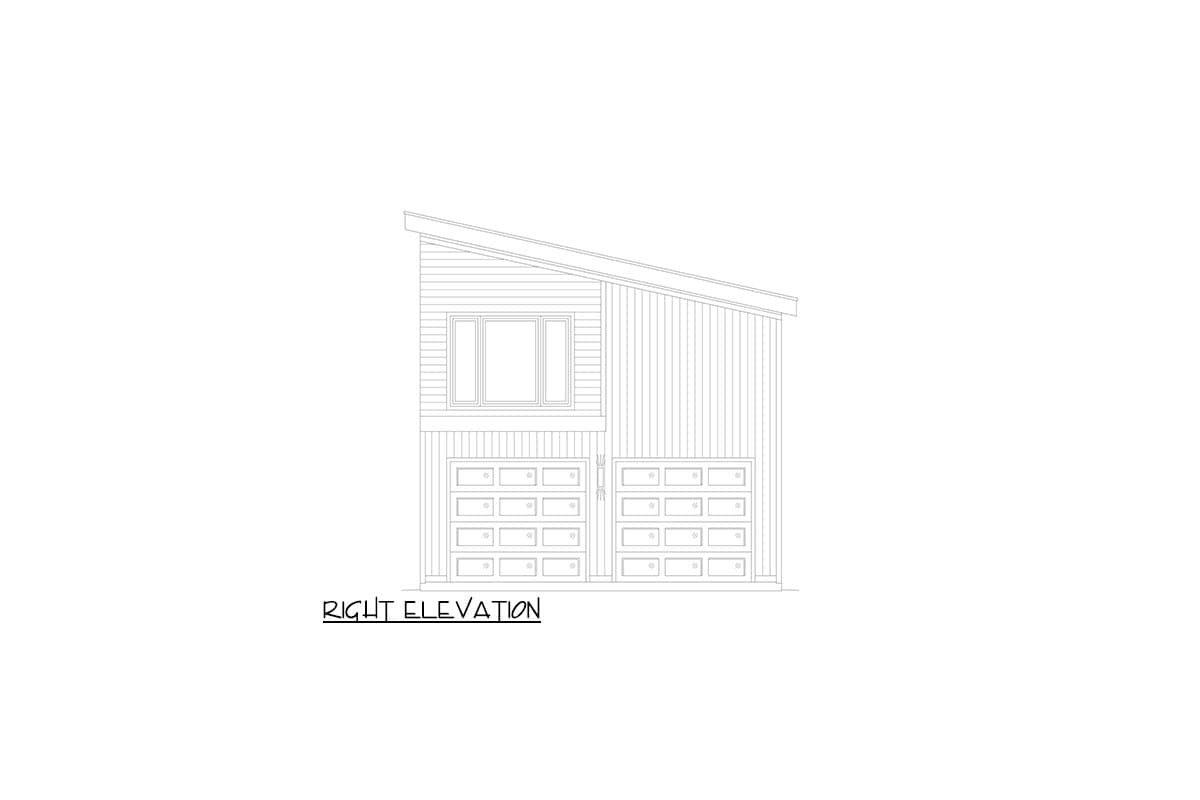 Right elevation drawing of a house plan featuring a sloped roofline, one window, and two garage doors.