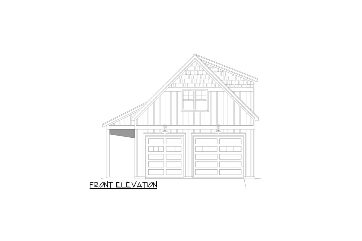 Front elevation drawing of a two-car garage with a covered single bay, gable roof, and a dormer window.