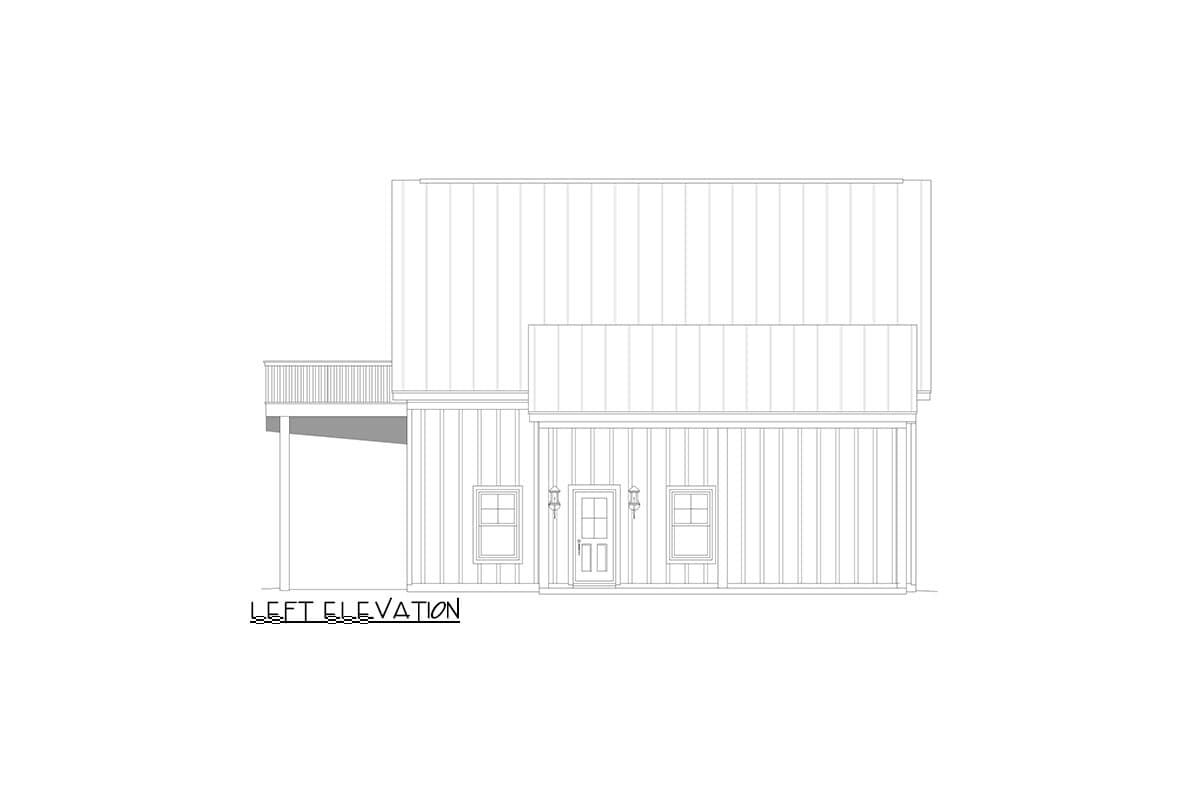 Left elevation house plan showing vertical siding, two windows, central door, and upper deck.